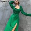 New Autumn Sexy Slit Dress for Women, Long Wrinkle Fabric Midi Skirt Female French Style Long Sleeve Square Neck Dress
