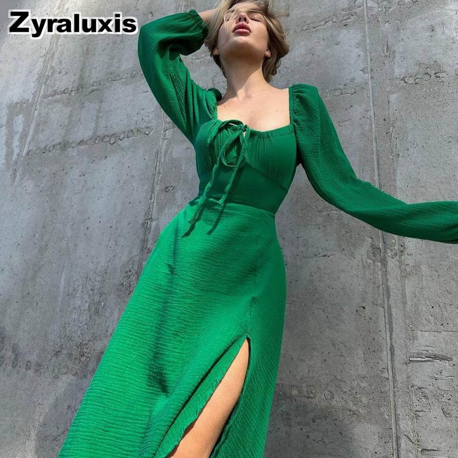 New Autumn Sexy Slit Dress for Women, Long Wrinkle Fabric Midi Skirt Female French Style Long Sleeve Square Neck Dress