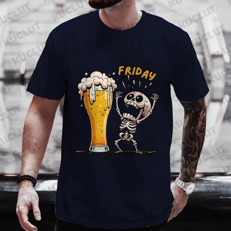 Cotton Men's T Shirt Skeleton Enjoying FRIDAY Beer Day Tees Men T-Shirt Finally Friday for Beer Lovers Male Clothes Short Sleeve Tops
