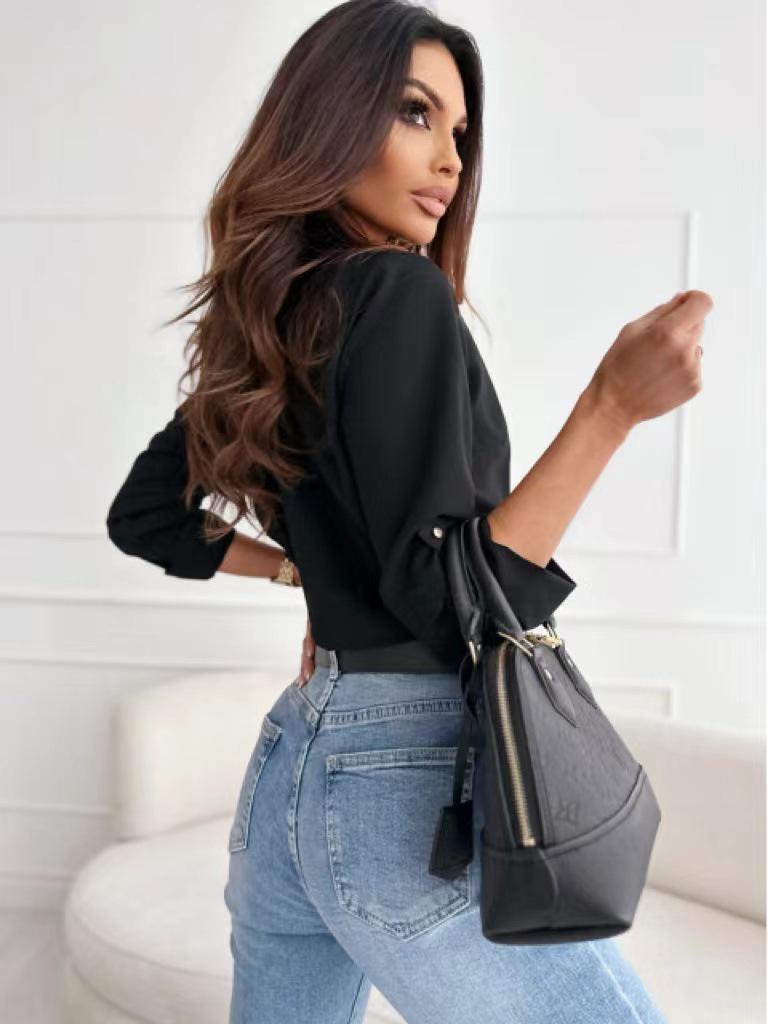 2024 Neues Langarm V-Ausschnitt Einfarbig Sexy Shirt