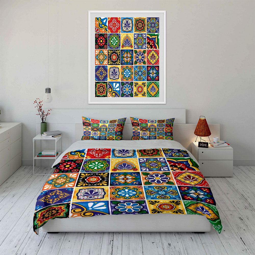 Colorful Tile Pattern Decor Set Multiple Sizes Kid'S And Adults' Bedroom Exquisite 3Pc Bedding Set, Gift