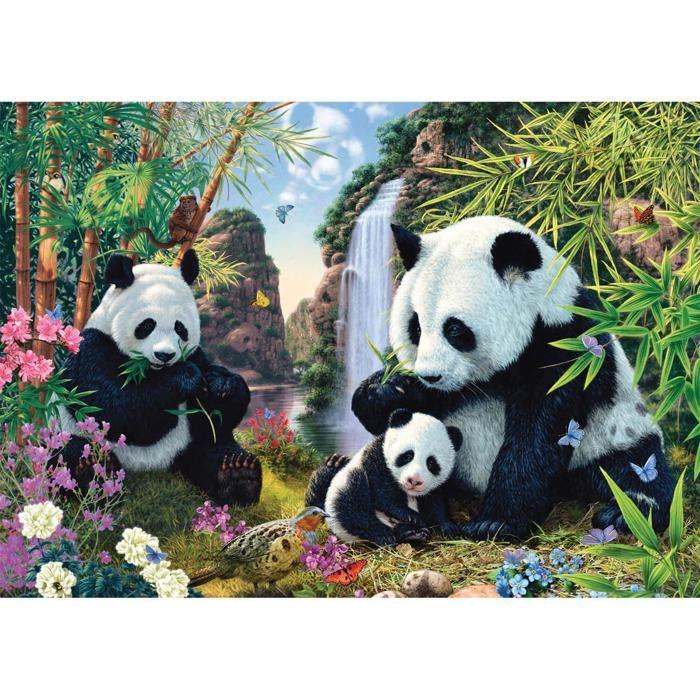 Puzzle 500 pièces : La famille panda à la cascade