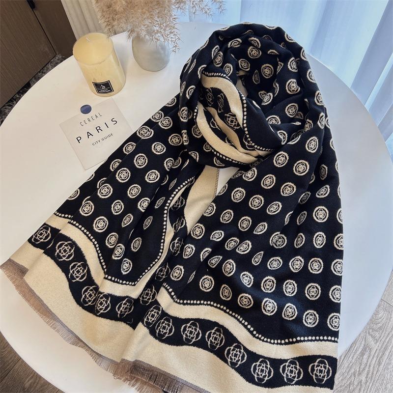 Winter Polka Dot Camellia Age-reducing Scarf Shawl Double-sided Printing Imitation Cashmere Scarf High-end Scarf Multi-function