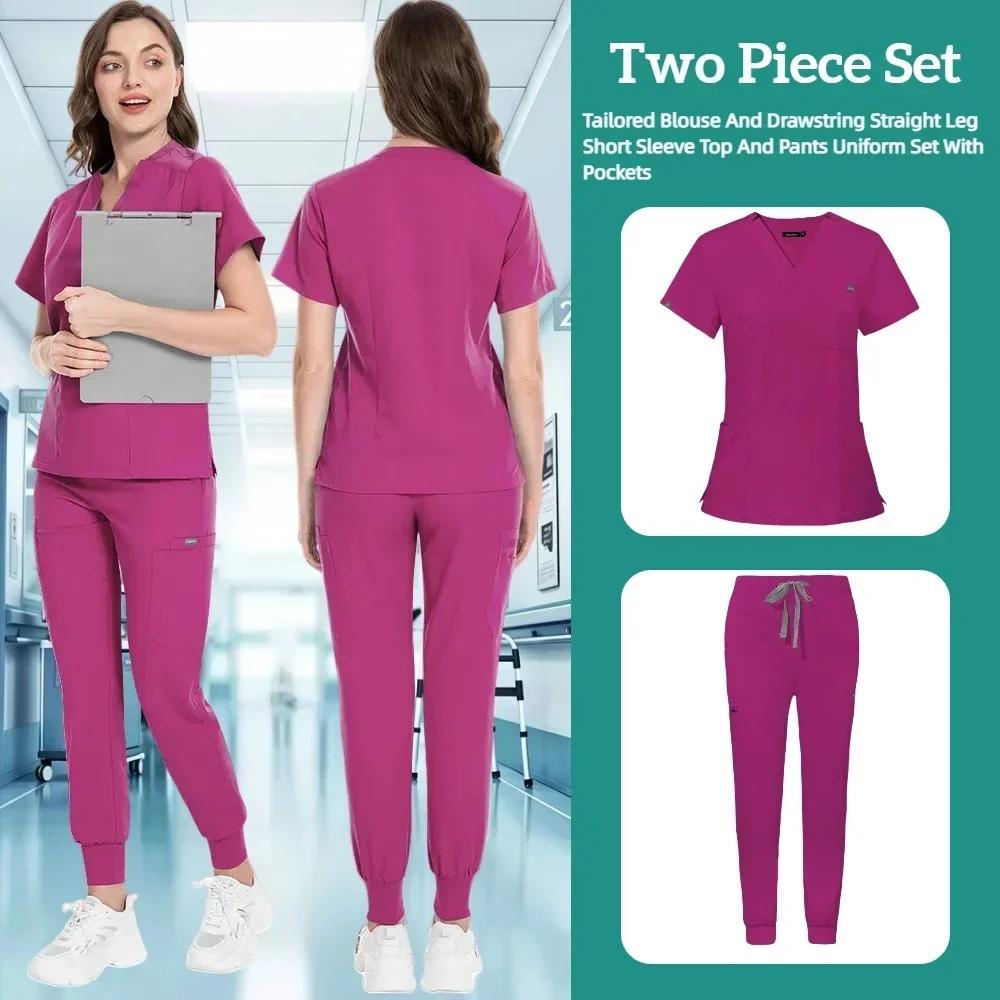 Zdravotnický uniformní oblek Krátký rukáv V-výstřih Topy+jogger kalhoty Set Ošetřovatelská uniforma Dámská Vícebarevná Pet Doctor Scrub Lékařské pracovní oblečení