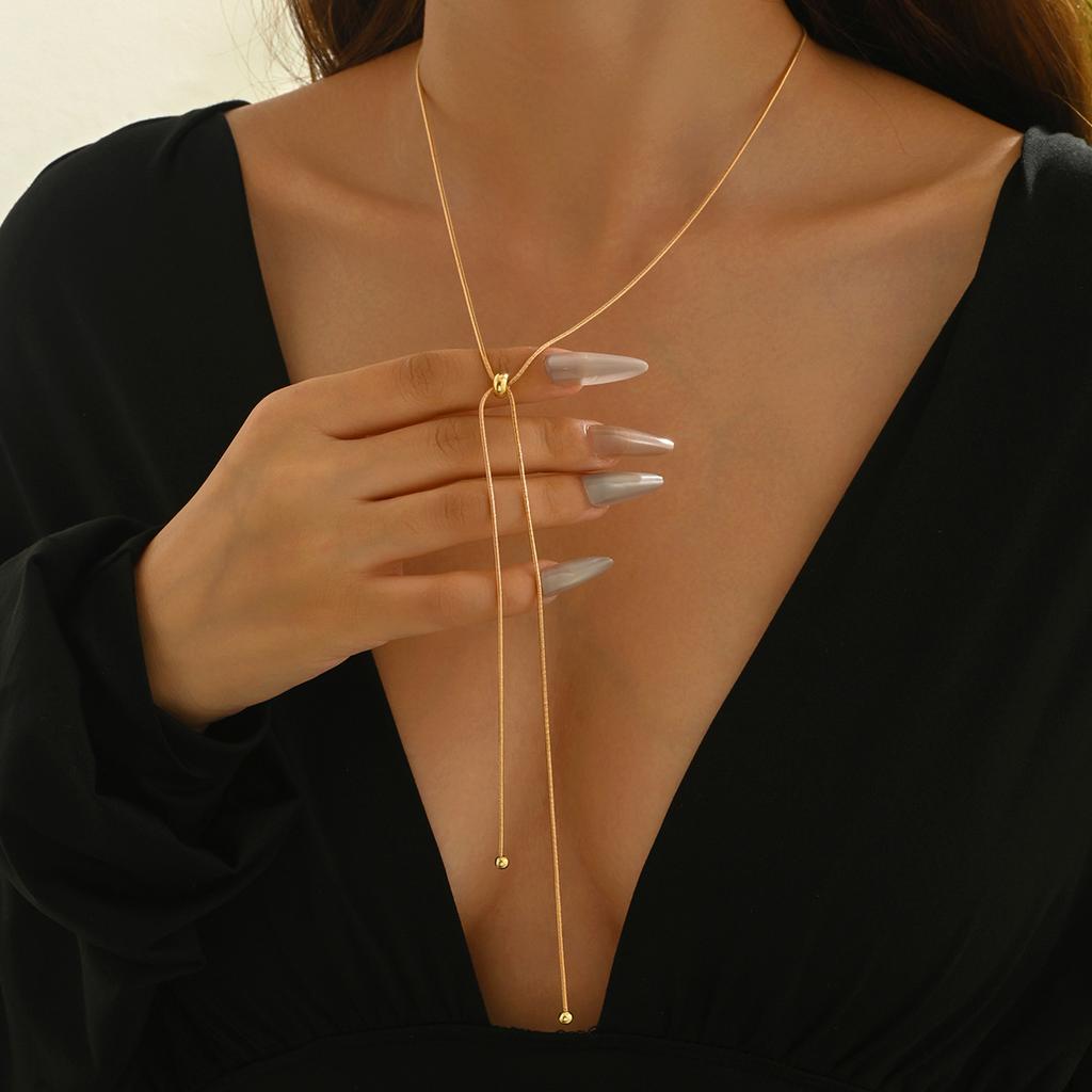 Retro Long Tassel Adjustable Necklace for Women Stainless Steel Thin Link Choker Necklace Temperament Sweater Chain Jewelry