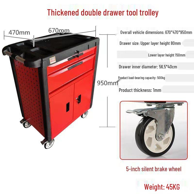 Movable Three-Layer Hand Cart: Multi-functional Auto Repair & Household Tool Box with Cabinet Door