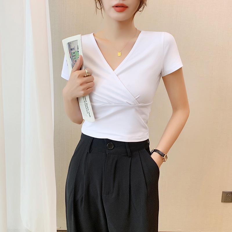 Women's Slimming Cross V-Neck Short Sleeve Cropped T-Shirt - Black Summer Outerwear