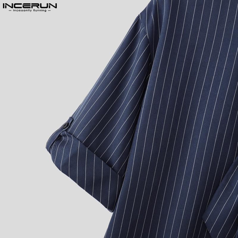 INCERUN 2PCS Men Tie Up Neck Short Sleeve Shirt Long Straight Pants Striped Sets