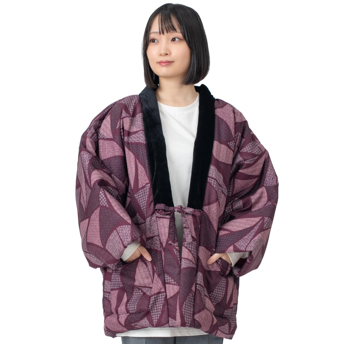 

[Ai Ai] Women s Padded Hanten Jacket with Sarasa Pattern in Burgundy, Red, and Purple (Small Pattern Patchwork)