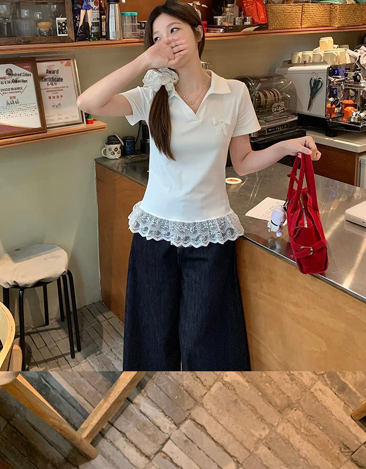 Plus Size Lace Hem Bow Collar Short Sleeve Top for Women - Summer Slimming Polo Style