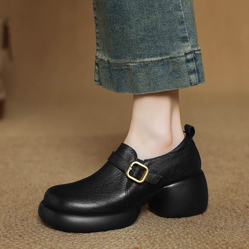 Krazing Pot cow skin Autumn Winter Shoes Metal Buckle Loafers chunky Heels Slip on Size 43 Round Toe Slip on Deep Mouth Pumps
