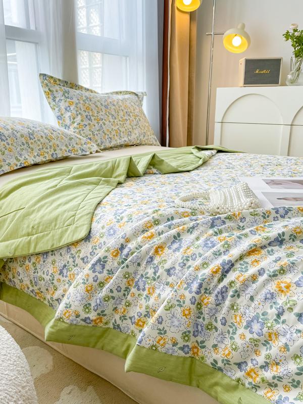 Pastoral Flowers Print Summer Quilt 100% Cotton Home Bedroom Soft Breathable Air Conditioning Quilted Quilt Machine Washable