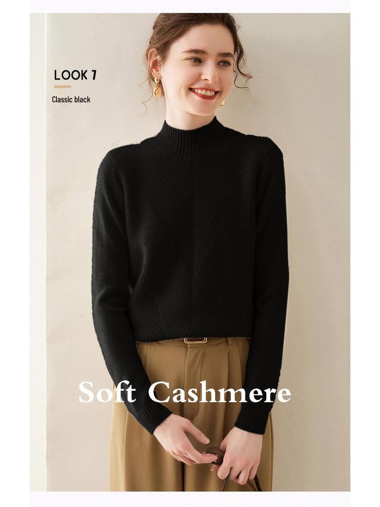 Women's Pure Cashmere Semi-High Neck Solid Color Thick Pullover Sweater for Autumn and Winter