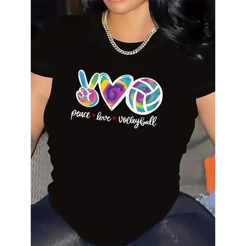 

European sizes Black and White Polyester T-Shirt with Peace Love Volleyball Design for Sports Enthusiasts, Lightweight Durable Fabric 4XL