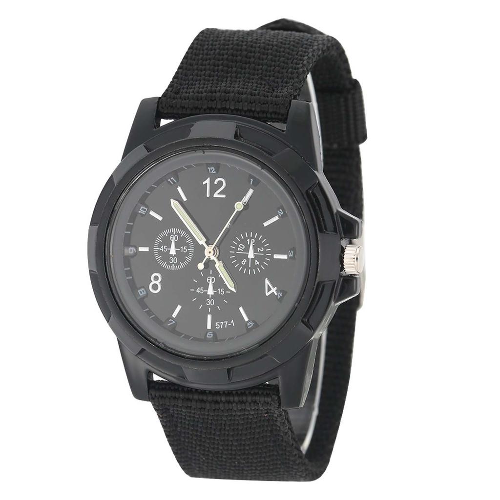 Electronic Analog Wrist Watch Round Nylon Strap Military Wristwatch (Black)
