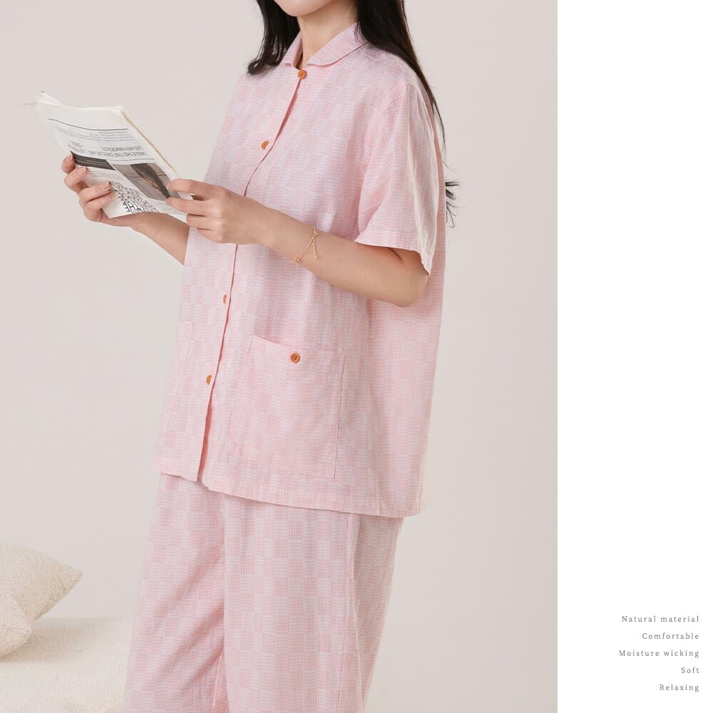 Yes Family Double Gauze Pajama Short Check Size M Women's Set, 100% Cotton, Sleeves, Pattern, Pink,