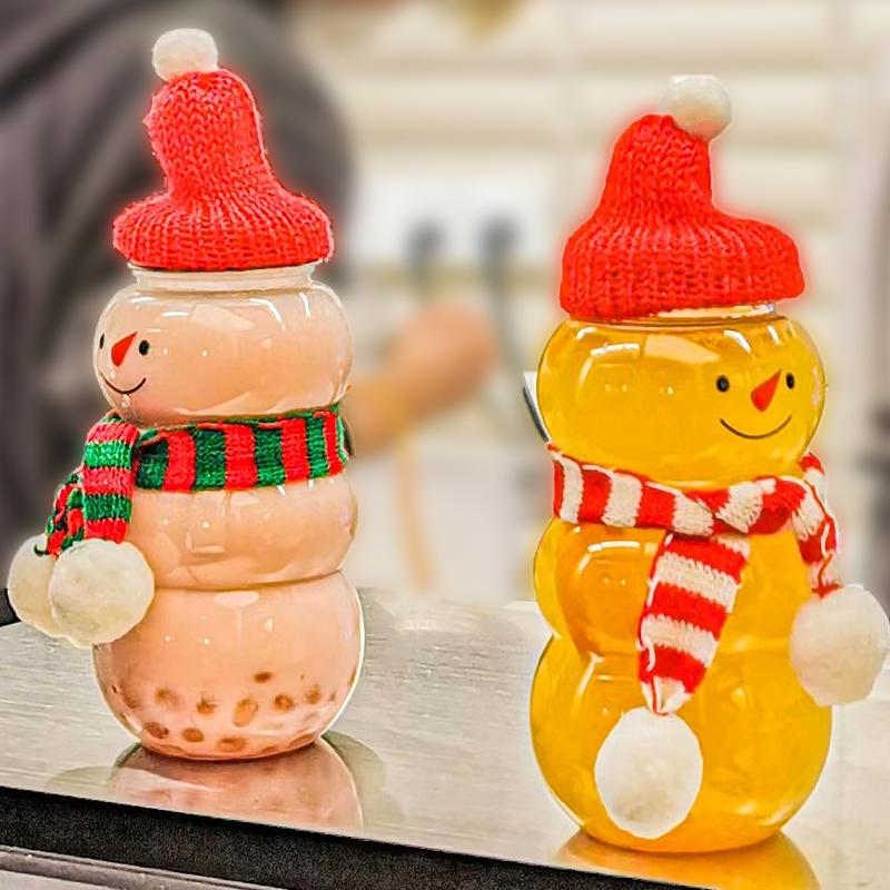 3 bucăți/set sticle drăguțe din plastic pentru suc de lapte în formă de om de zăpadă de Crăciun, cu capace și capac, ceașcă transparentă