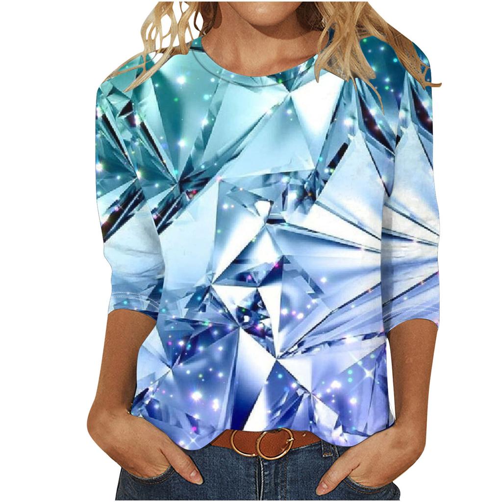 Round Neck 3D Printed Geometric Diamond Pattern Top Fashionable Casual Long Sleeved Women's T-shirts