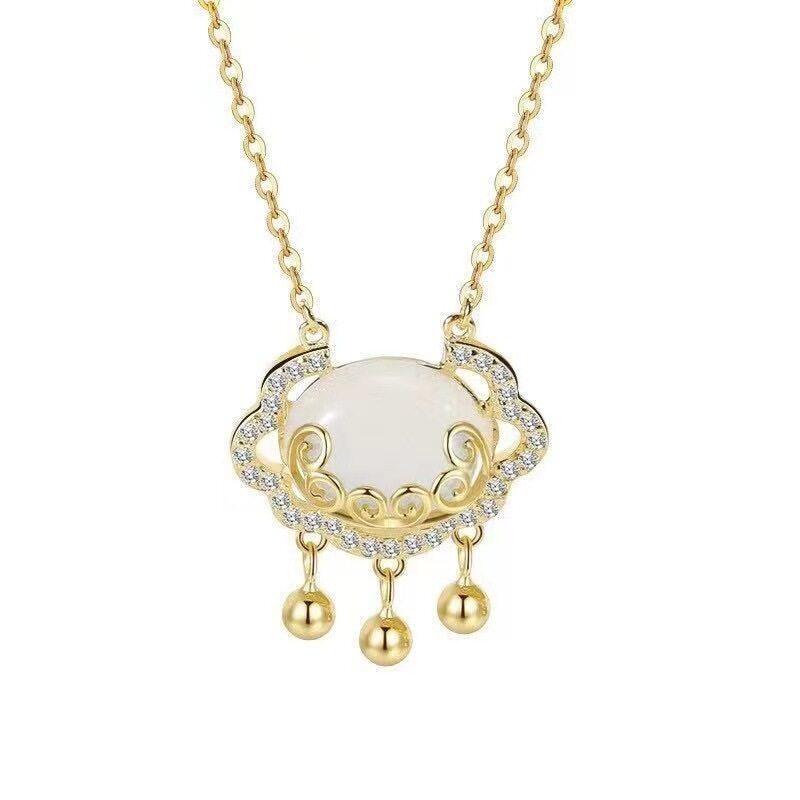 Chinese Style Pendant Necklace Ruyi Safety Lock Imitation White Jade Necklaces Female Longevity Jewelry Mother Daughter Gift