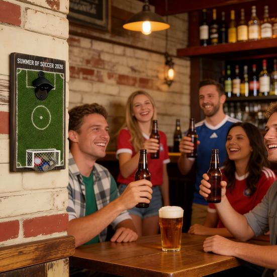 Football Field Beer Bottle Opener Wall Mounted Beer Cap Remover Wooden Soccer Field Sign for Bar Kitchen Game Room Unique Gift for Football Lovers