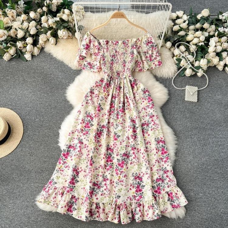 Summer Floral Off Shoulder Dress Women High Waist Short Sleeve Ankle Length Spring Casual Fashion