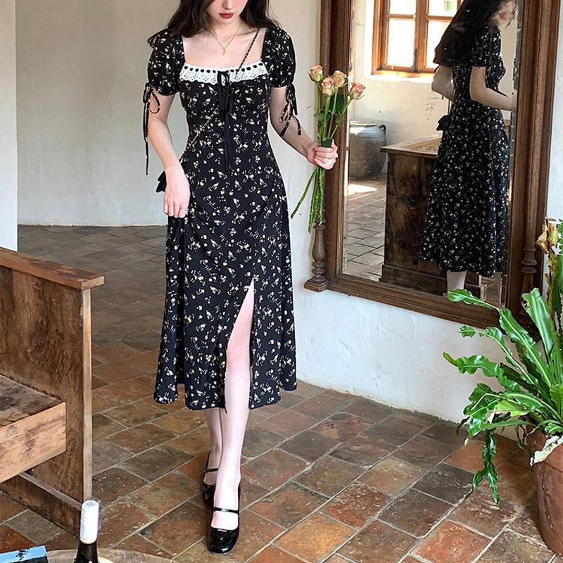 French Square Collar Dress for Women 2025 Summer New Style Gentle Temperament Waist-hugging Slit Skirt