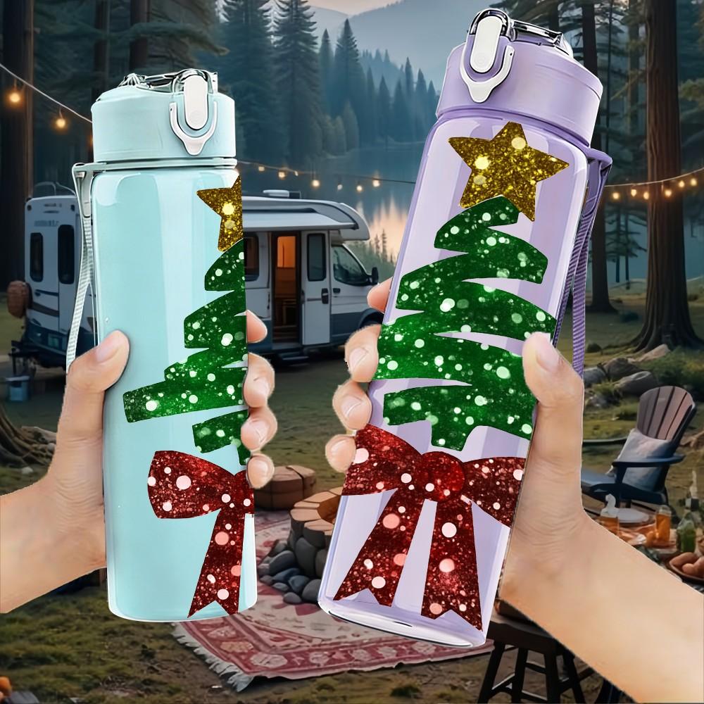 1PC Red Bow Christmas Tree Print 750ml Color Plastic Sports Water Bottle Leakproof Flip Straw Lid Suitable for Sports Office Home Use