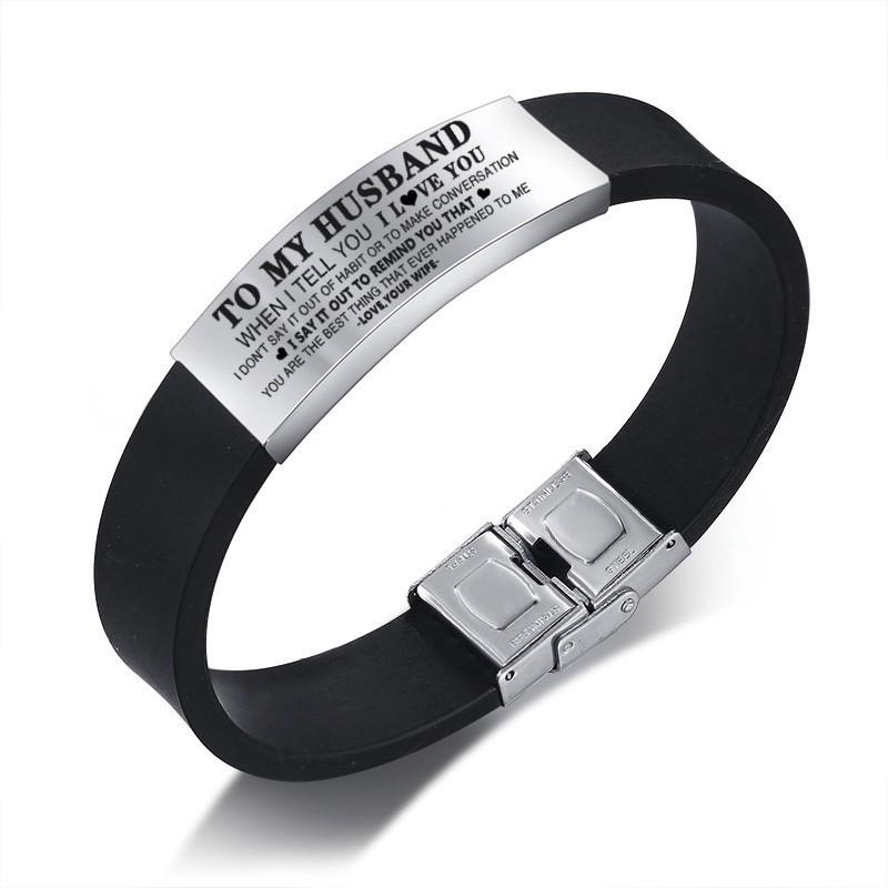 Vnox Custom TO HUSBAND Bracelets for Men Black Silicone Wrist Band with Stainless Steel Tag Valentine's Day Gift for Him