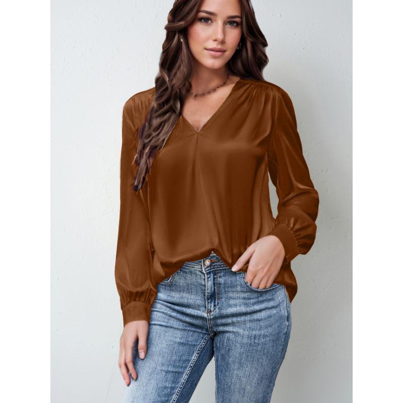 Plus Size Women's Pleated Long Sleeve V Neck Casual Loose Commuter Top