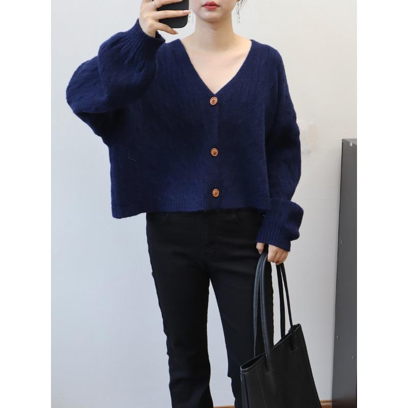 

Осень и зима новый ретро твист V-образный вырез короткий вязаный кардиган свободный ленивый мягкий восковой свитер куртка женская One size темно-синий