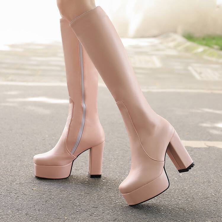 

Новые глобальные горячо продаваемые модные ботфорты на толстой подошве, осень и зима новые теплые супер высокие и тонкие большого размера 39 розовый