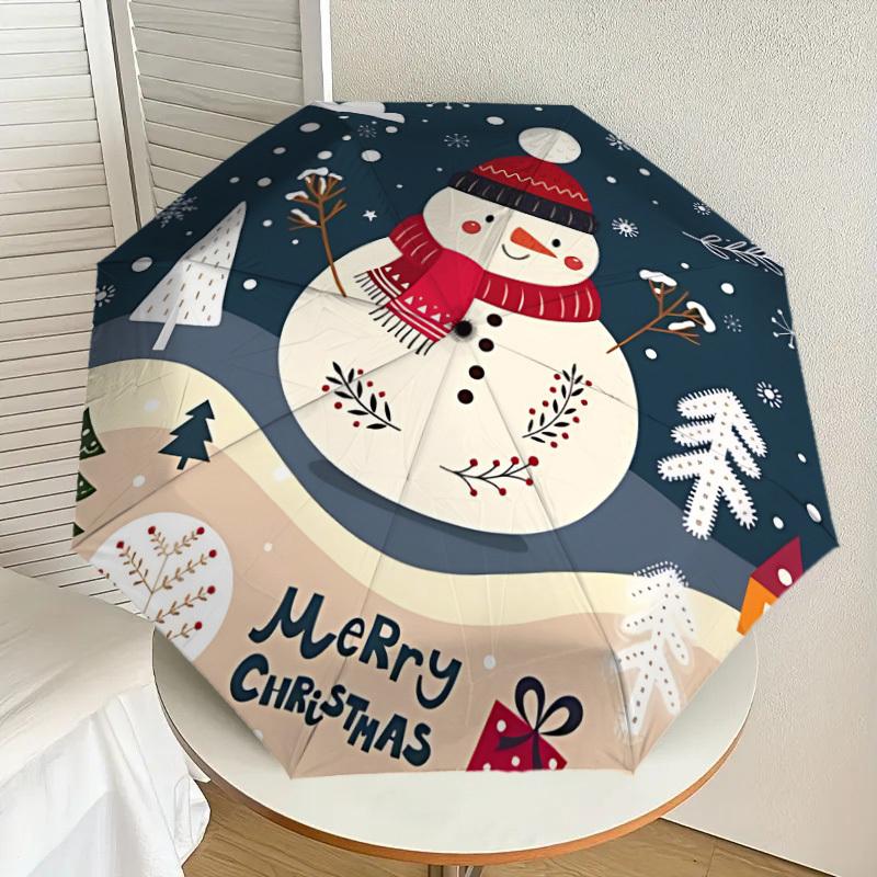 1PC Snowman Merry Christmas Automatic Open/Close Umbrella with Windproof, 8-Rib Sturdy Canopy, Durable Ribs, Fashionable Design,1261