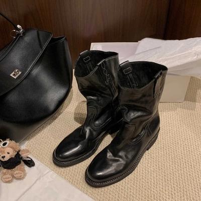 Leather Version Horsehide Pointed Round Head V Notch Motorcycle Women Thick Heel Western Cowboy Short