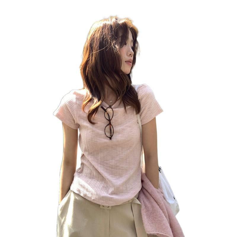Korean pink Xiaofei sleeve front shoulder knitted short-sleeved T-shirt women's summer spice girl slim-fit short t-shirt temperament top