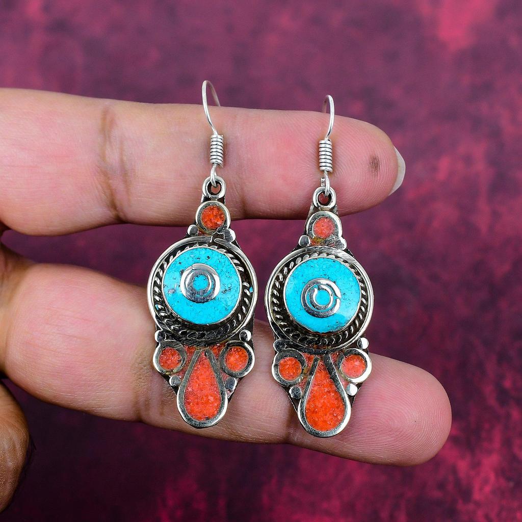 Turquoise & Coral 925 Solid Sterling Silver Nepali Earrings, Handmade Gemstone Earrings Jewelry, Gifts For Wife Brand New Earrings