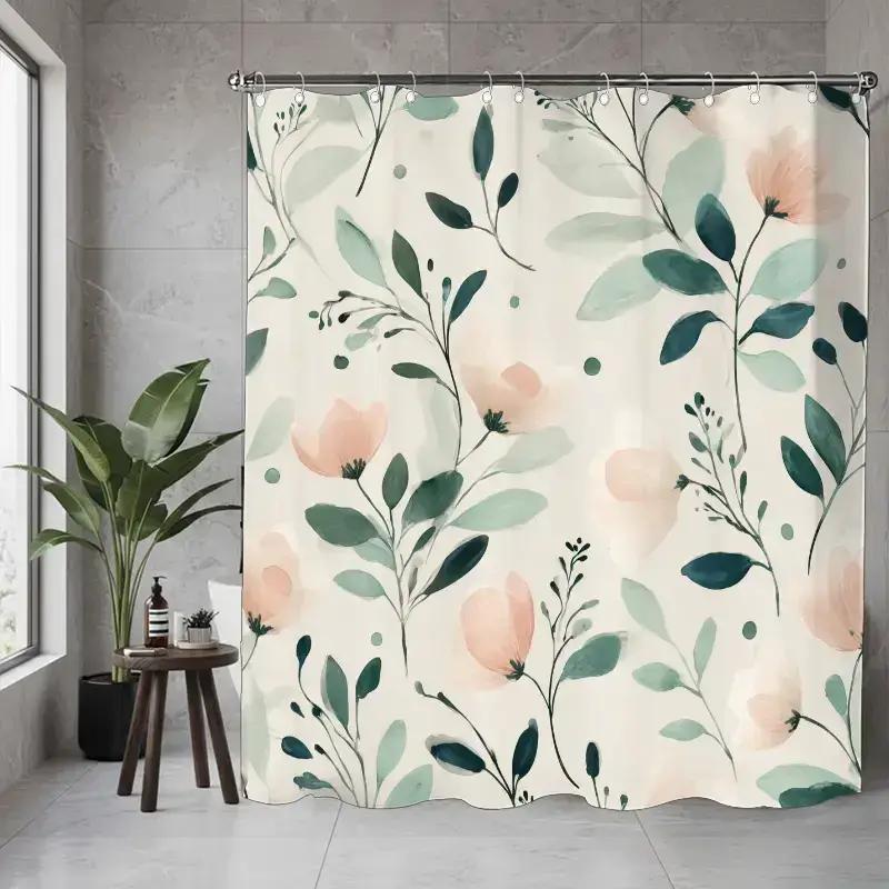 Watercolor-Style Floral Shower Curtain With Hooks, Made Of Polyester, Machine Washable, Suitable For Bathroom Decor.
