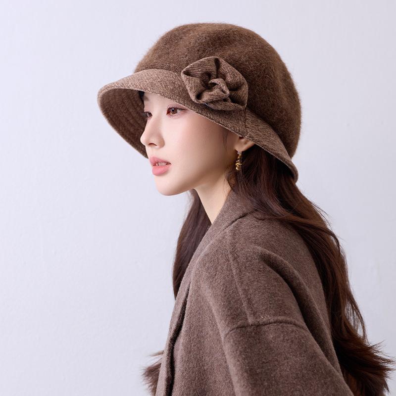 Literary flower bucket hat autumn and winter retro simple pot hat temperament big head circumference show face small hat women's