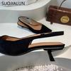 Fashion SUOJIALUN 2024 Autumn Women Sandal Shoes Fashion Pointed Toe Shallow Slip On Slingback Sandal Thin Med Heel Ladies Elegant Pumps