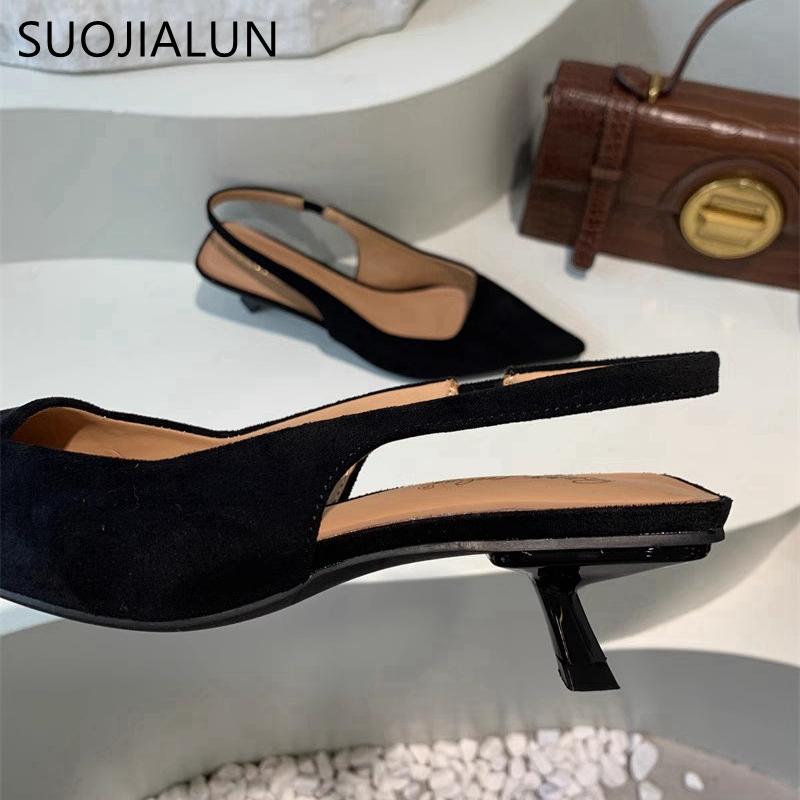 Fashion SUOJIALUN 2024 Autumn Women Sandal Shoes Fashion Pointed Toe Shallow Slip On Slingback Sandal Thin Med Heel Ladies Elegant Pumps