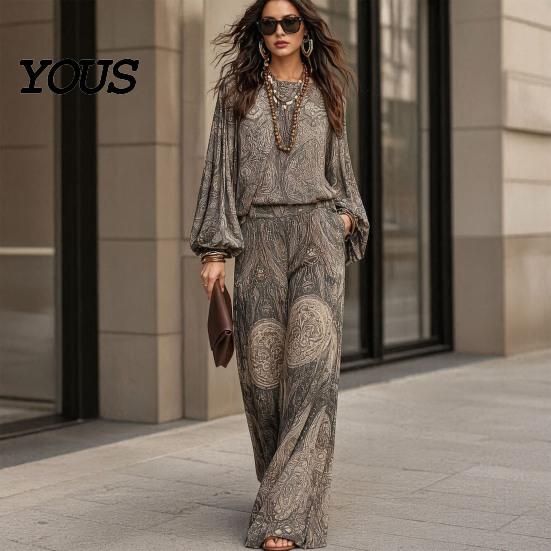 Relaxed Fit Women Outfit Boho Print 2 Piece Sets for Women, Casual Long Sleeve Top Side Pocket Pants Wide Leg Matching Sets, Summer Loose Travel
