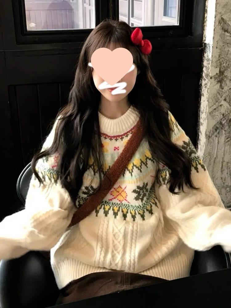 Women's Fair Isle Crew Neck Pullover Sweater - Spring/Summer Loose Fit Knit Top