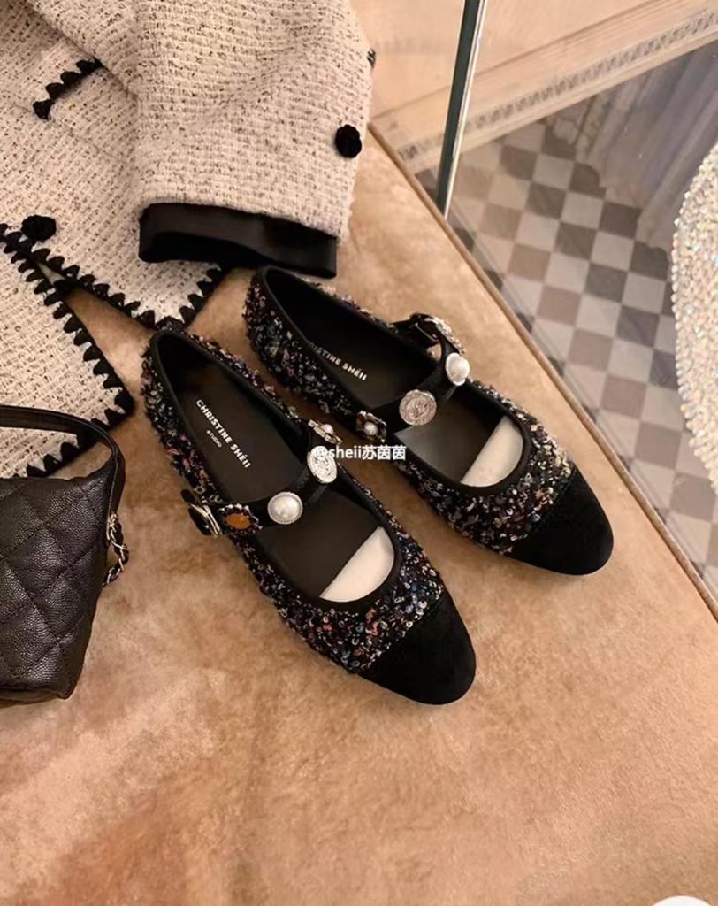 Princess Su Yinyin Anne~ Xiaoxiangfeng Tweed Color Matching Word Mary Jane Shoes Women's Flat Shoes