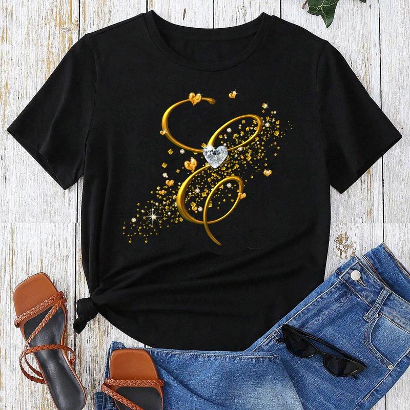 Custom Name Letter Combination Gold Letter Font Short Sleeve Tops Black T-shirt Female Tops