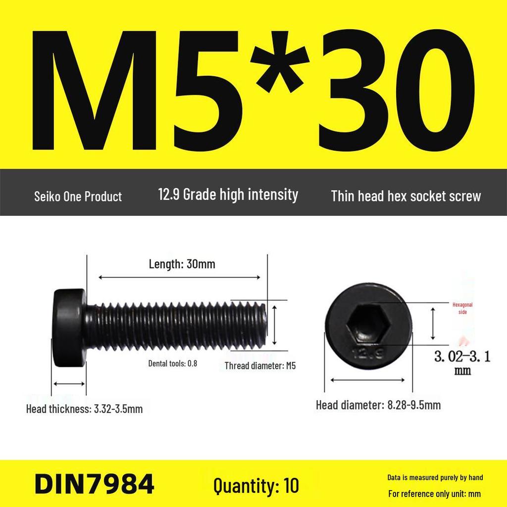 DIN7984 Grade 12.9 Thin Head Hex Socket Cap Screws - Sizes M3 To M16