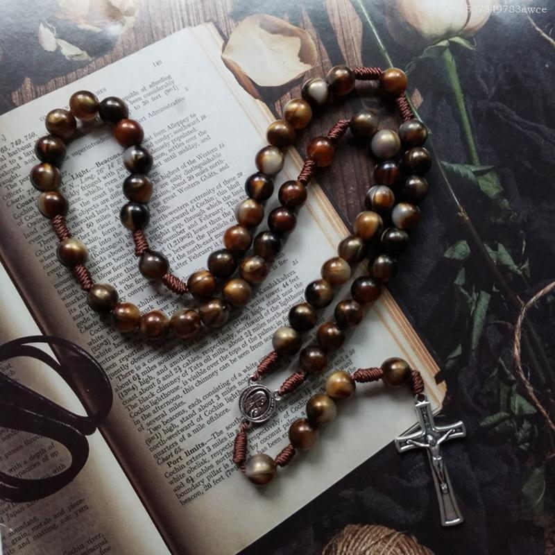 Vintage Rosary Catholic Prayer Beads Necklace Christ Jesus for Cross Pendant Necklace Beaded Religious Jewelry Gift F0T6