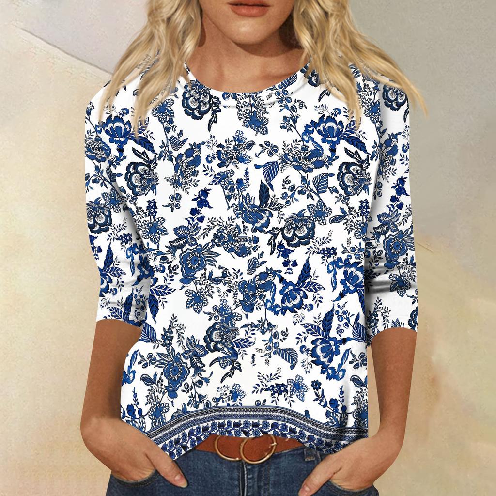 Women's Fashion Casual Round Neck 3/4 Sleeve Loose Printed T-Shirt Ladies Top