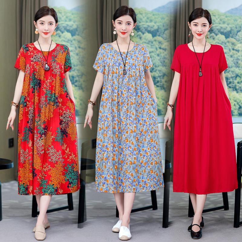 2 Neues hochwertiges florales Baumwoll-Seiden-Kleid für Damen-Sommer-Temperament, Bauchbedeckung für Mütter, große Größe künstliche Baumwolle langer Rock