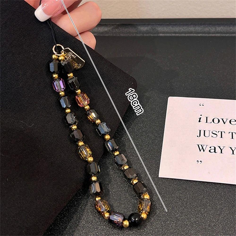Cute Black Gold Crystal Beaded Phone Chain Women Fashion Luxury Phone Lanyard Kawaii Wrist Hanging Rope Gifts