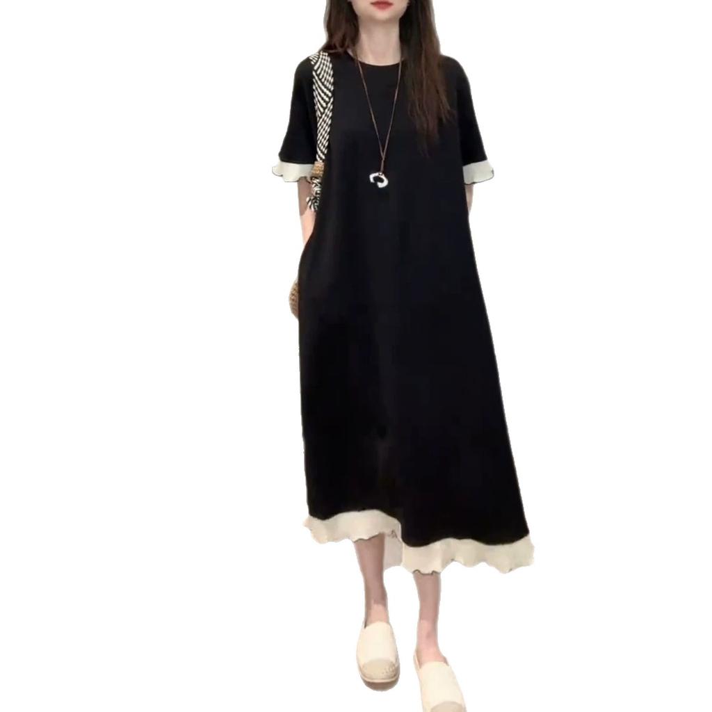 Black lace short-sleeved dress women's summer new large size fat mm loose and thin splicing skirt