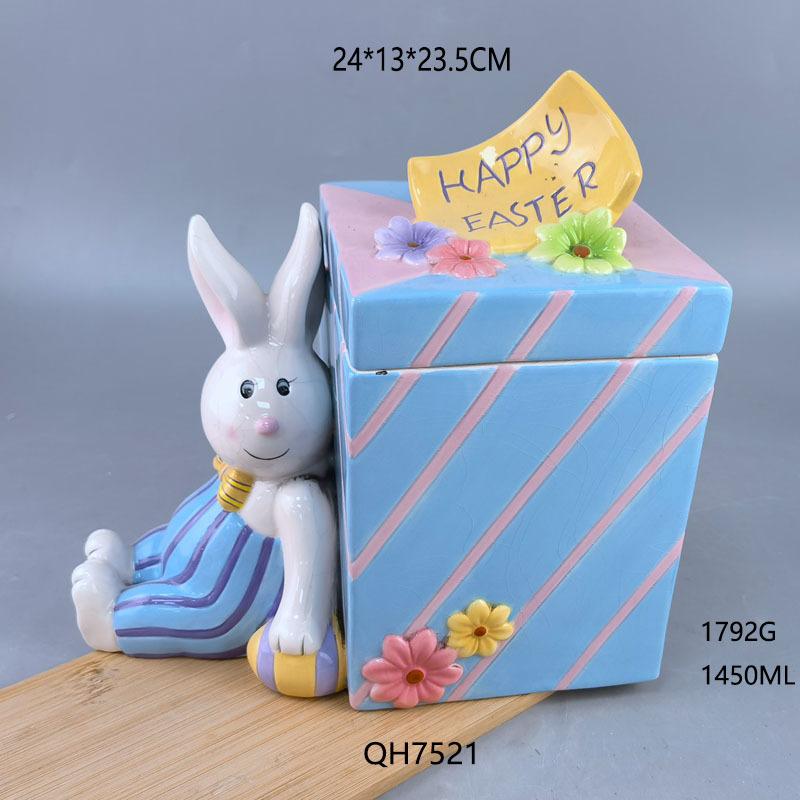 Easter Ceramic Square Rabbit Biscuit Jar, A Variety Of Hand-Painted White Cloud Soil Eggs, Candy Jar, Storage Jar, Seasoning Jar Ceramic rabbit square candy jar